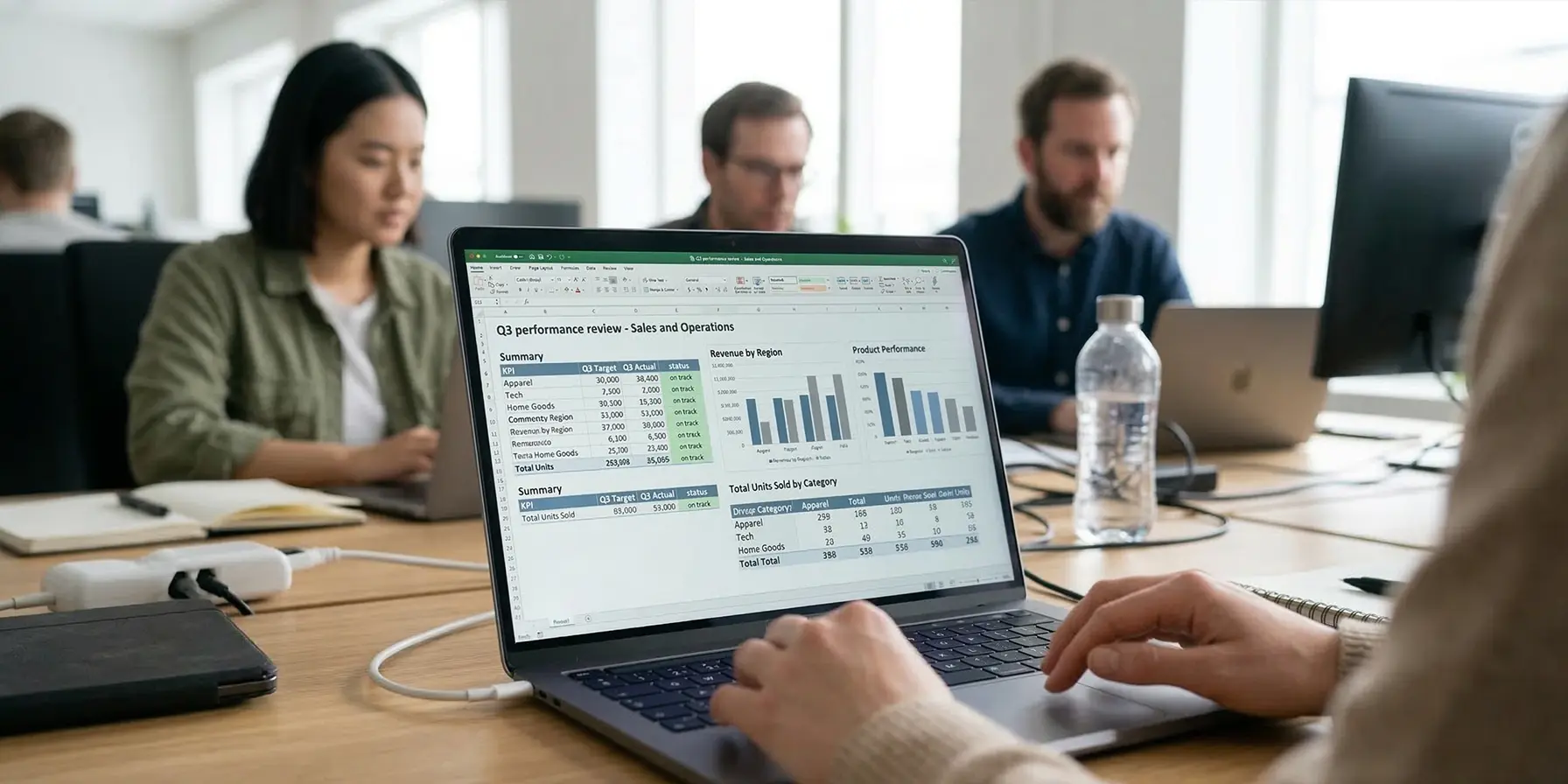 Åpent kontorlandskap der ansatte jobber med Excel-rapporter og analyse