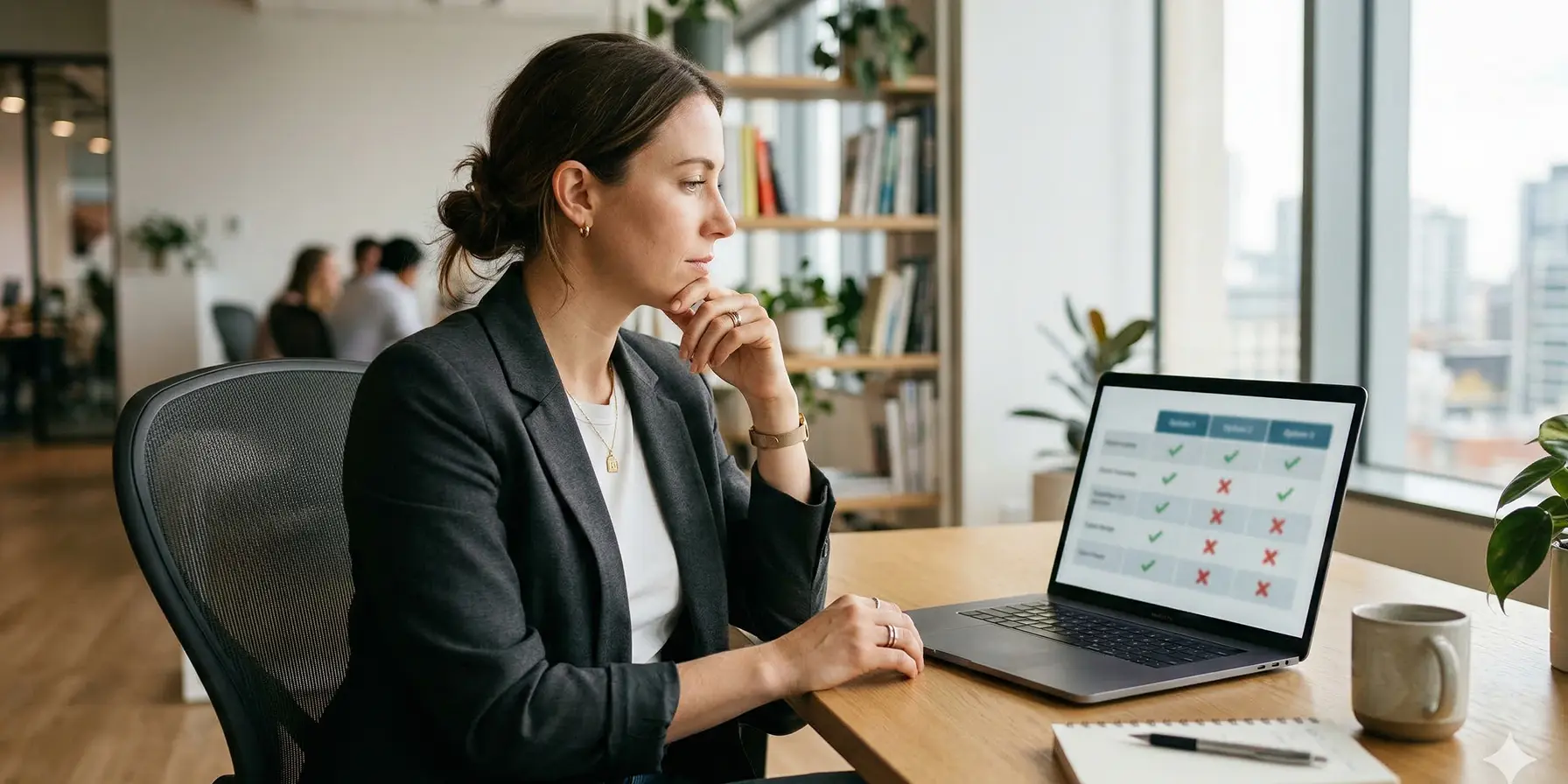 Kvinne som sammenligner kursplattformer for bedrifter på laptop