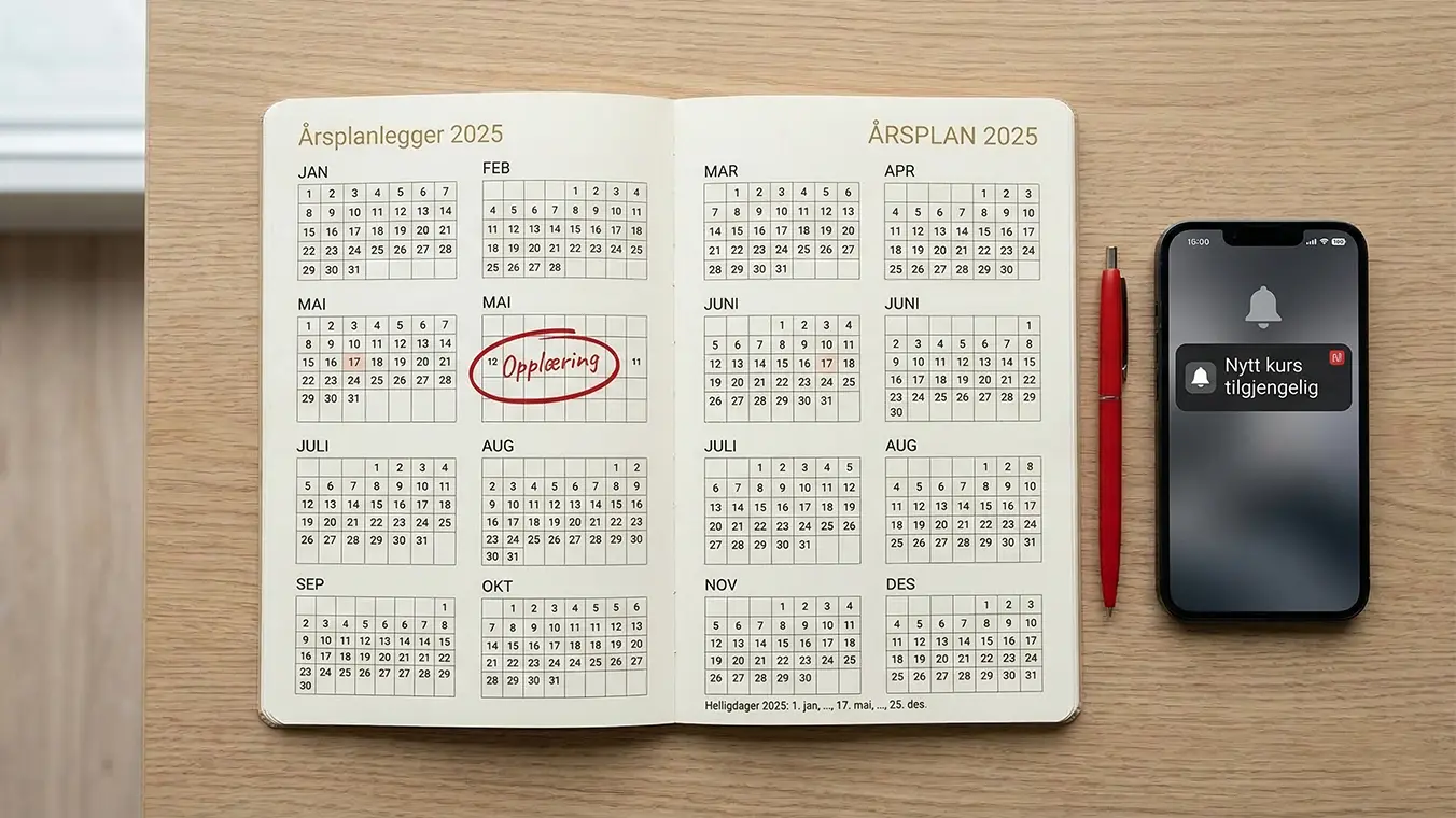 Kalender med kun én opplæringsdag markert — kompetanseutvikling bør skje løpende