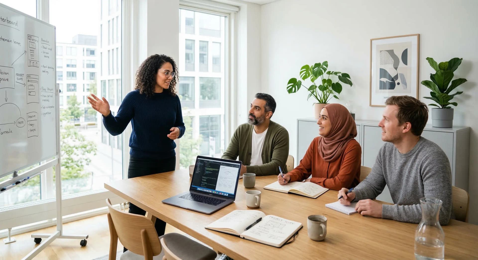 Leder som holder presentasjon for teamet i møterom