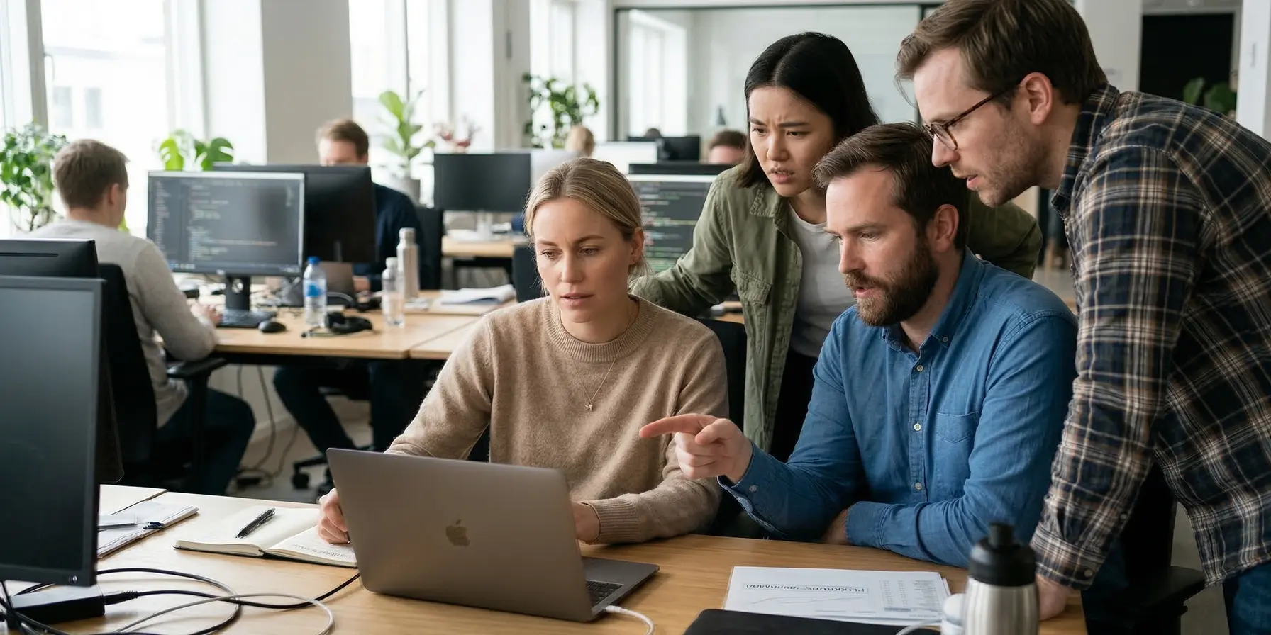Team som samarbeider rundt en PC-skjerm på moderne kontor
