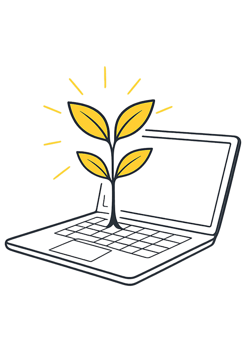Open laptop with educational content and plant decoration